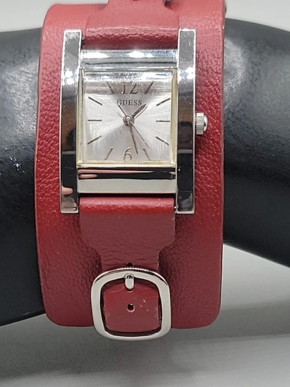Vintage GUESS Women's Cuff Watch Red Leather Wide Bund Band Square Silver Tank